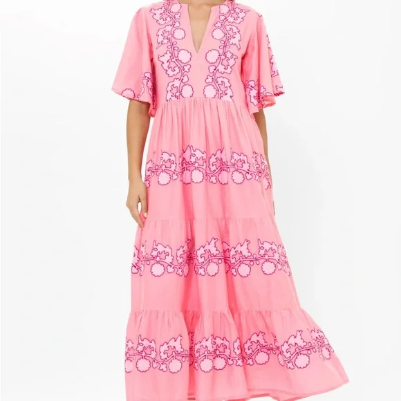 Oliphant Pink Maxi Dress with Dark Pink Embroidery - Picture 1 of 6